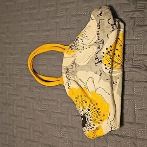 Purse. Medium size. Hand bag. Yellow, brown, gray, and tan